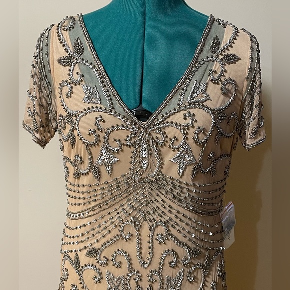 NWT PISARRO NIGHTS Beaded Rose Nude Mesh Longline Dress Red Carpet Evening Gown - Picture 3 of 13